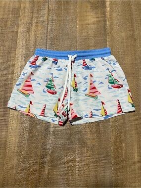 Sailboat Print Swim Shorts in White and Blue